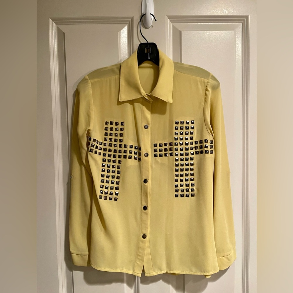 Super Unique Top!! Yellowish Green Button Down Blouse with Crucifix Stud Design